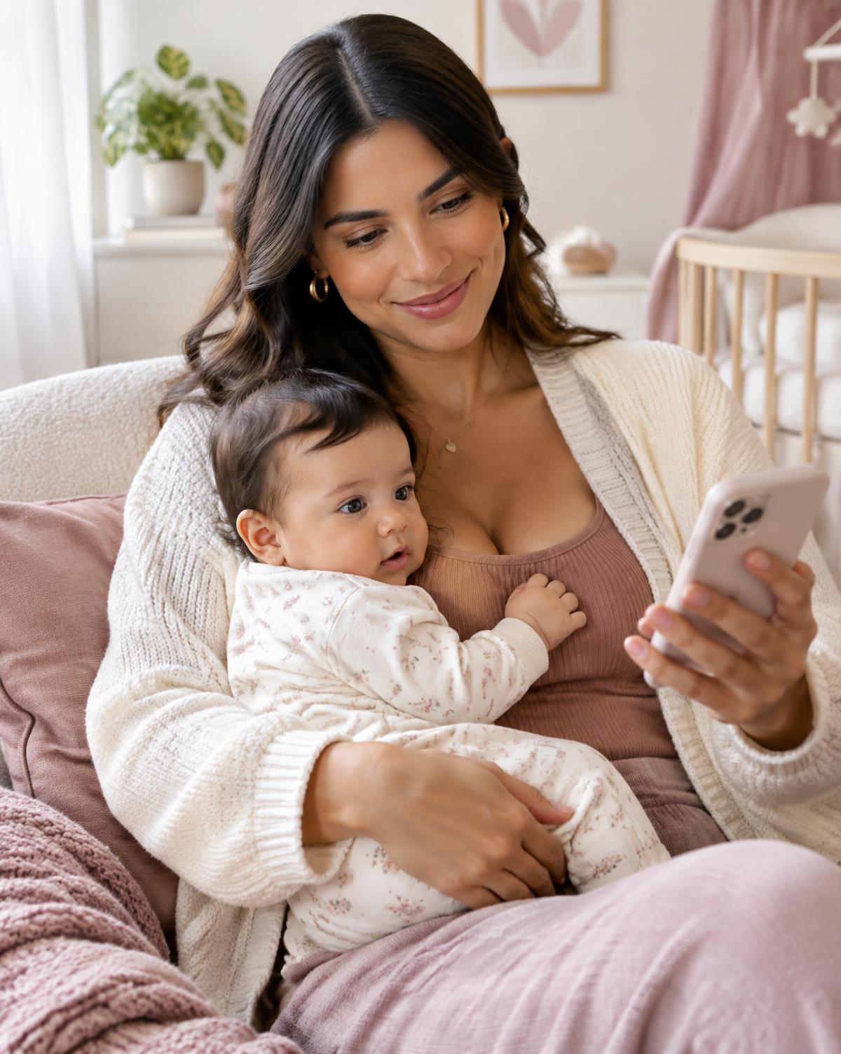 Mãe com bebê consultando informações pelo celular