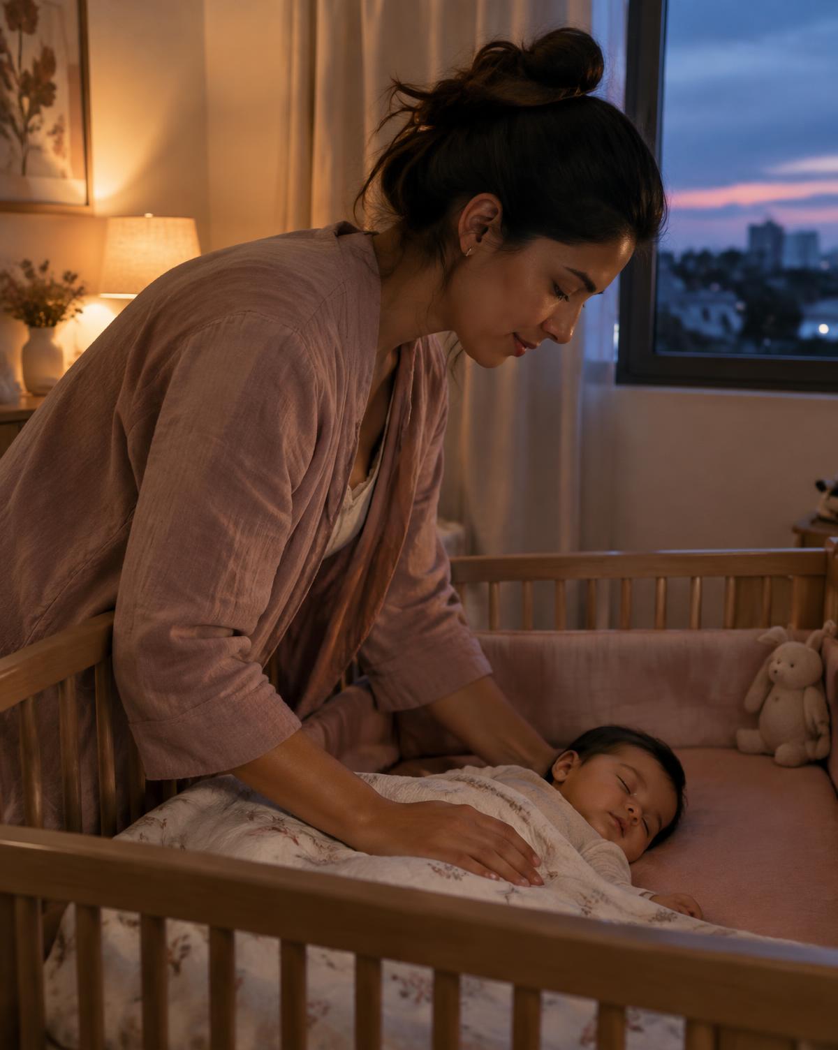 Mãe acomodando o bebê para uma noite tranquila