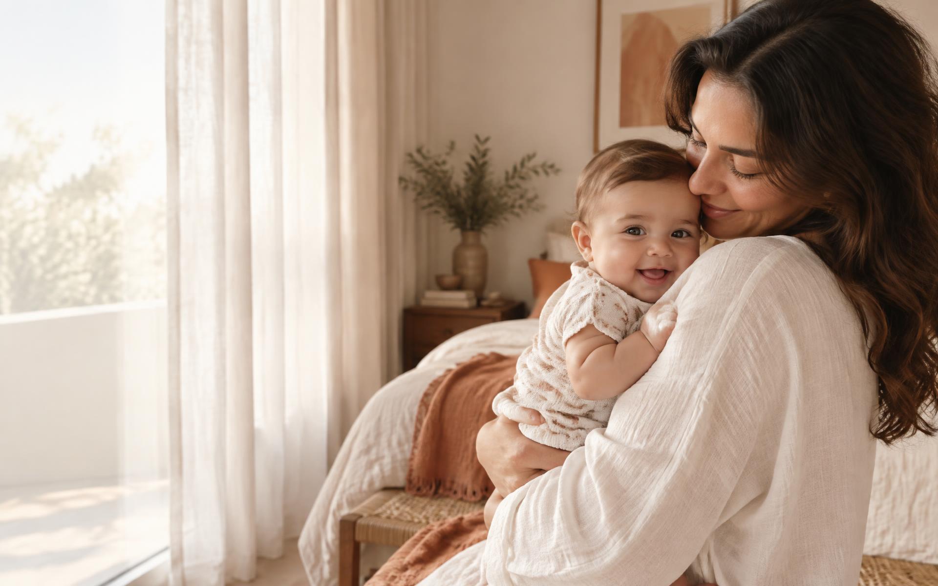 Mãe abraçando seu bebê em um momento de carinho